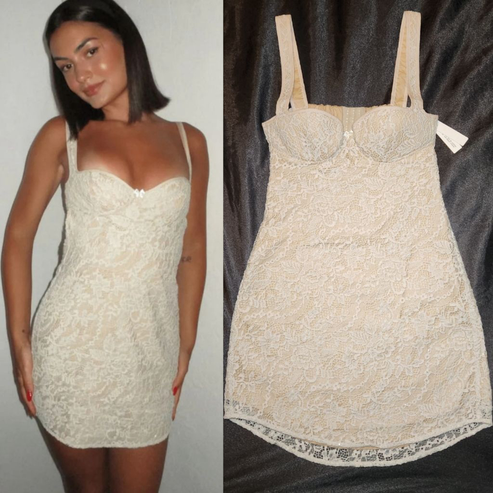 Rumored Lover Boy Cream Sparkle Lace Mini Dress